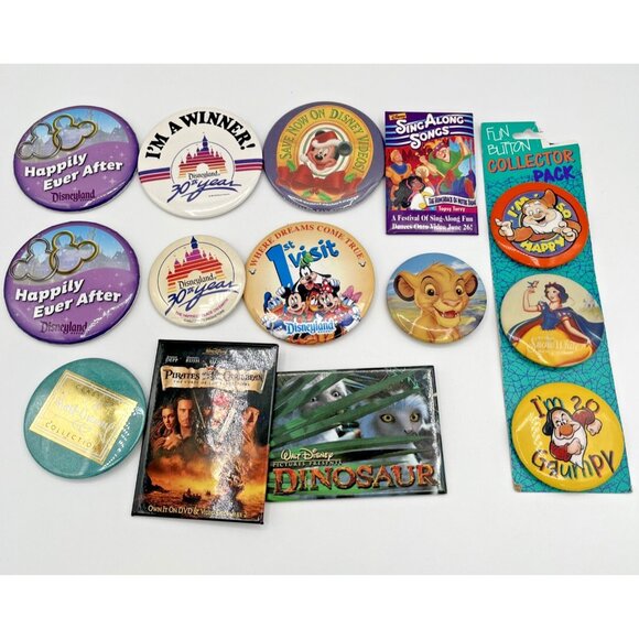 Vintage Disney Pin Button Disneyland Mickey Mouse Snow White Pirates lot of 14 - Picture 1 of 13
